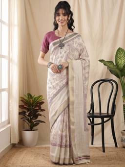 Akhilam - Off White Cotton Silk Printed Saree