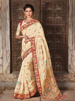 Odette - Cream Weaved Silk Designer Saree with Unstitched Blouse