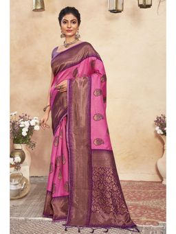 Sangam Prints - Pink Cotton Woven Zari Work Traditional Tassel Saree with Unstitched Blouse