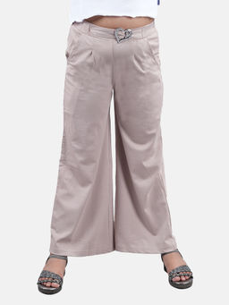 KiddoPanti - Girls Beige Solid Wide Leg Pant