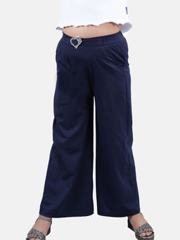 KiddoPanti - Girls Navy Blue Solid Wide Leg Pant