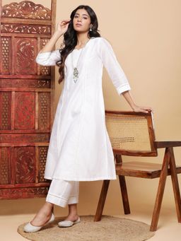 BohoJazz - Serene White Chanderi A-Line Kurta and Pant with Slip