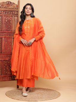 BohoJazz - Orange Nazm Embroidered Kurta Slip with Palazzo and Dupatta