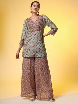 Sufiza Lifestyle - Multi-Color Hand Embroidery Chikankari Kurti and Palazzo (Set of 2)