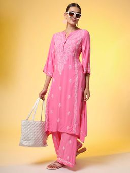Sufiza Lifestyle - Hand Embroidered Pink Colour Chikankari Kurta and Palazzo (Set of 2)