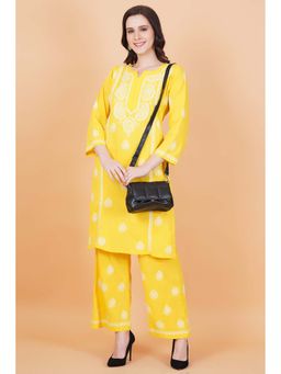 Sufiza Lifestyle - Slub Cotton Mustard Colour Chikankari Kurta and Pant (Set of 2)