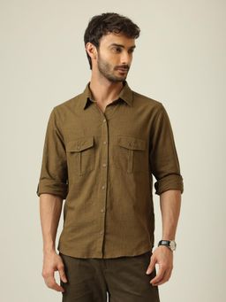 Saltpetre - Men Relaxed Work Linen Cotton Shirt - Olive Green