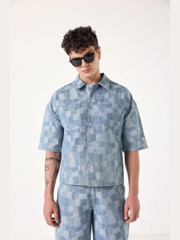 Muvazo - Grey Denim Printed Collar Neck Shirt