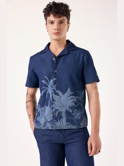 Muvazo - Navy Blue Denim Printed Collar Neck Shirt
