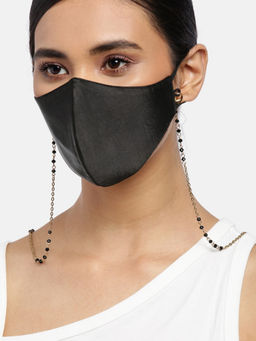 Blueberry - Black Reusable 2-Ply Satin Face Mask With Gold Plated Chain