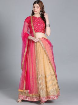 Ethnovog - Beige-Pink Embroidered Semi Stitched Lehenga with Unstitched Blouse and Dupatta (Set of 3)
