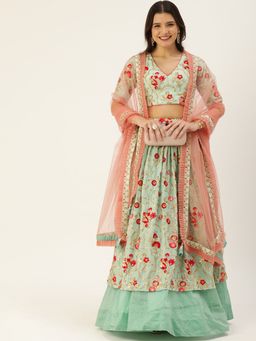 Ethnovog - Blue-Peach Embroidered Semi Stitched Lehenga with Unstitched Blouse and Dupatta (Set of 3)