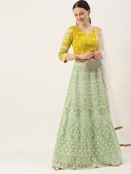 Ethnovog - Green-Yellow Semi Stitched Lehenga with Unstitched Blouse and Dupatta (Set of 3)