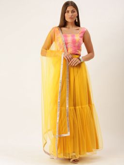 Ethnovog - Yellow Solid Semi Stitched Tiered Lehenga with Unstitched Blouse and Dupatta (Set of 3)