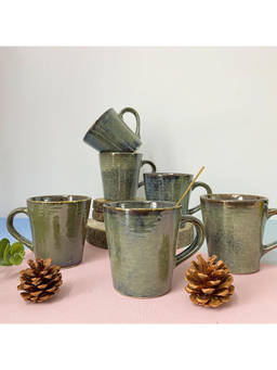 Amalfiee Ceramics - Handmade 3.5" Navhara Green Coffee Mug Set Of 6
