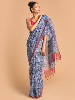 Indethnic - Navy Blue Printed Super Net Saree with Unstitched Blouse