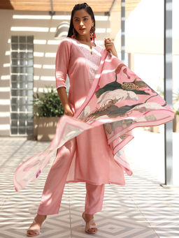 Libas - Pink Silk Blend Yoke Design Kurta Sets for Women