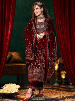 Libas - Maroon Velvet Embroidered Kurta Sets for Women