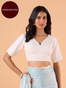 Gajra Gang - Diamonds & Pearls White Plunge Neck Beaded Blouse