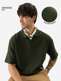The Souled Store - Official Textured Dark Olive Green Oversized Polo T-Shirt