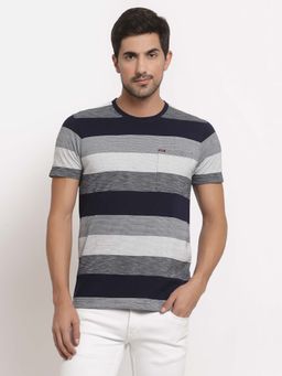 Club York - Men Navy Blue Grey Striped T-Shirt