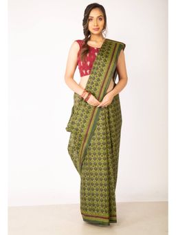 Unnati Silks - Green Pure Krisha Block Printed Cotton Saree with Unstitched Blouse