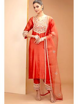 Bbaawri - Red Hand Embroidered Silk Kurta with Pant & Dupatta (Set of 3)