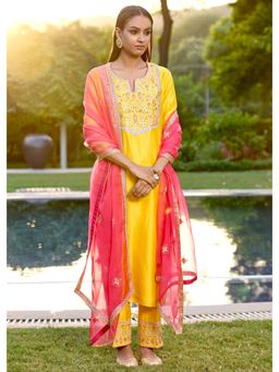 Bbaawri - Yellow Hand Embroidered Silk Kurta with Pant & Dupatta (Set of 3)