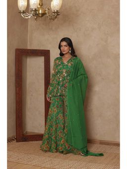 DEASHA INDIA - Women Green Chiffon Floral Kurti with Sharara and Dupatta