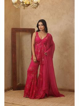 DEASHA INDIA - Women Pink Chiffon Embroidered Kurti with Sharara and Dupatta