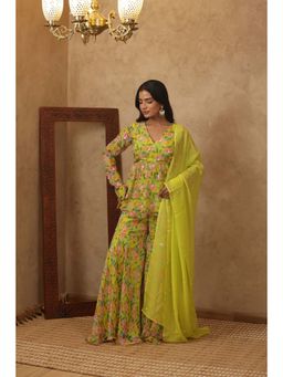 DEASHA INDIA - Women Green Chiffon Embroidered Kurti with Sharara and Dupatta