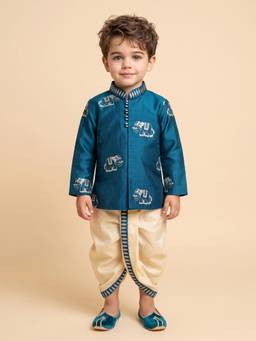 Little Desi - Boys Blue Raw Silk Mandarin Neck Kurta with Dhoti