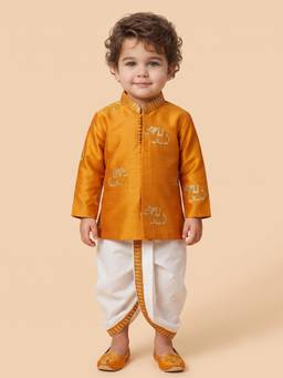 Little Desi - Boys Mustard Raw Silk Mandarin Neck Kurta with Dhoti