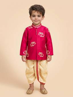Little Desi - Boys Pink Raw Silk Mandarin Neck Kurta with Dhoti