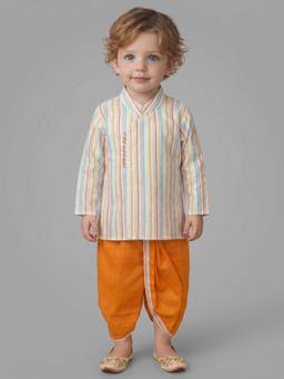 Little Desi - Boys Multi-Colour Linen Mandarin Neck Kurta with Dhoti