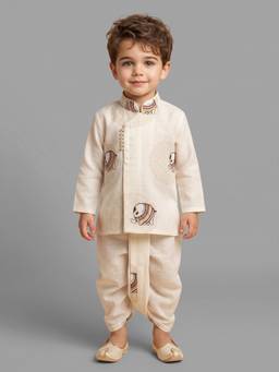 Little Desi - Boys Beige Tissue Mandarin Neck Kurta with Dhoti