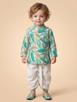 Little Desi - Boys Green Cotton Mandarin Neck Kurta with Dhoti