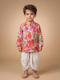 Little Desi - Boys Pink Cotton Mandarin Neck Kurta with Dhoti