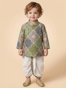 Little Desi - Boys Green Tissue Mandarin Neck Kurta with Dhoti