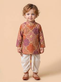 Little Desi - Boys Rust Tissue Mandarin Neck Kurta with Dhoti
