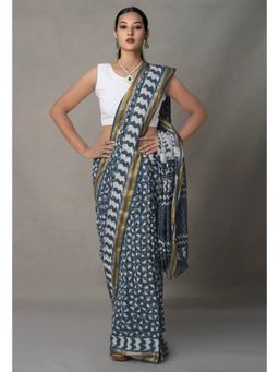Unnati Silks - Grey Pure Preet Block Printed Mulmul Cotton Saree with Unstitched Blouse