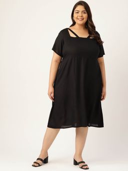 theRebelinme - Womens Black Solid Color Neck Stripe A-line Midi Dress