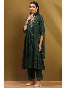 Biba - Womens Dark Green Shantoon Anarkali with Palazzo & Dupatta (Set of 3)