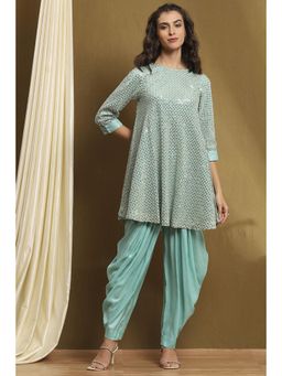 Biba - Womens Aqua Blue Viscose Blend Asymmetric Kurta with Salwar (Set of 2)