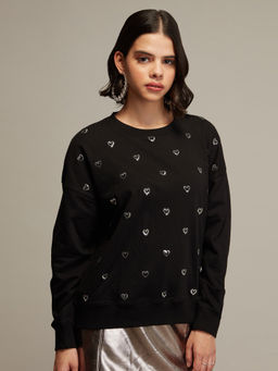 Twenty Dresses by Nykaa Fashion - Black Oversized Hearts Sequins Sweatshirt