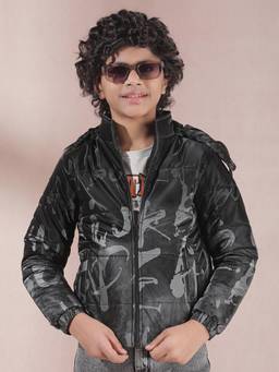 CRIMSOUNE CLUB - Boy's Black Printed Hooded Jacket