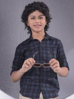 CRIMSOUNE CLUB - Boy's Navy Blue Checked 100% Cotton Shirt