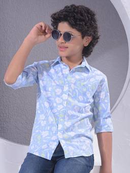 CRIMSOUNE CLUB - Boy's Blue Floral Print 100% Cotton Shirt