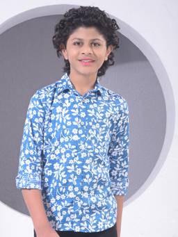 CRIMSOUNE CLUB - Boy's Blue Floral Print Shirt