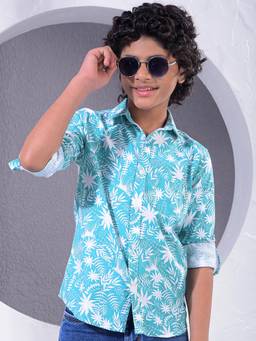 CRIMSOUNE CLUB - Boy's Turquoise Floral Print Shirt